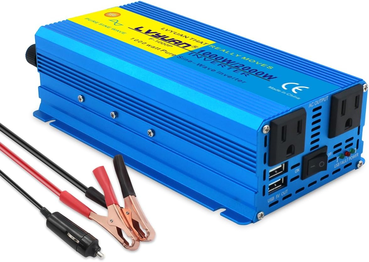LVYUAN 1000 Watt Pure Sine Wave Inverter 24V to 110V / 120V DC to AC with U.S. Outlet, USB Charger Ports, Car Power Inverter for Vehicles, RV, Outdoor, Home