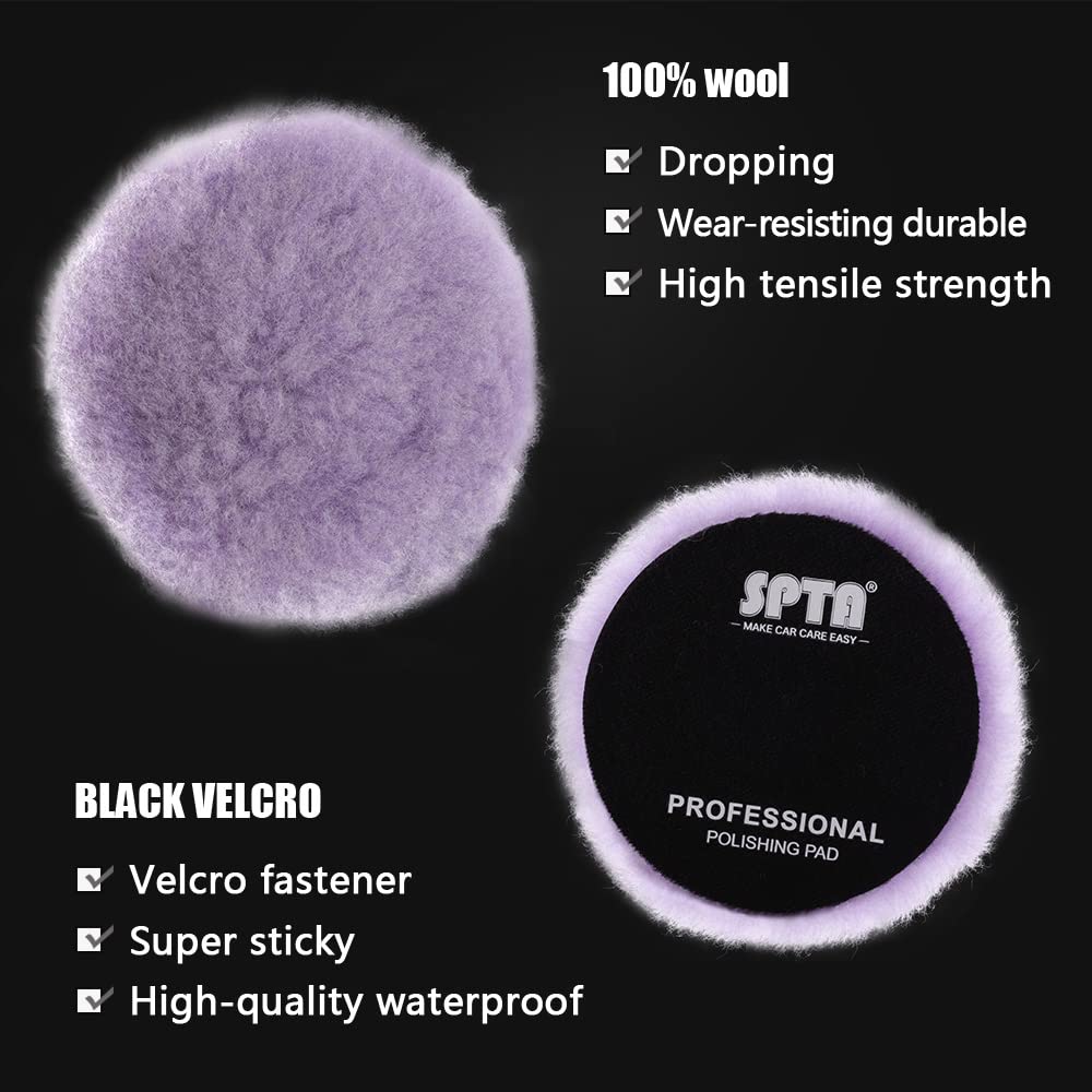 SPTA 2Pcs 6Inch (150mm) Wool Cutting Pad Set, Purple Wool Buffing and Polishing Pad for Heavy Cut, Car Polisher