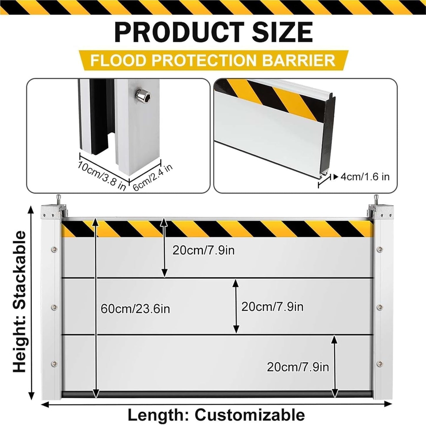 Reusable Heavy Duty Aluminum Flood Barriers for Home Exterior, Flood Protection Barriers Water Barrier Door Quick Detachable Garage Doors Detachable Mobile Rain Water Baffle ( H 23.6 inch L 7.5FT)