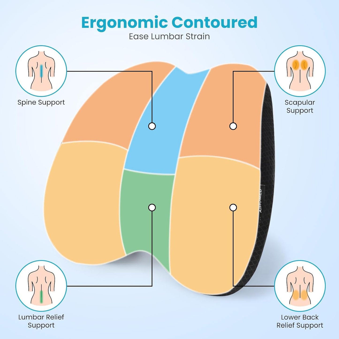 Lumbar Support Pillow Office Chair Car Back Pillow Ergonomic Lower Back Pain Relief Breathable Air Fiber Cushion with Hours Sitting on Worker Driver & Handicapped, Adjustable Strap (Dark Grey)