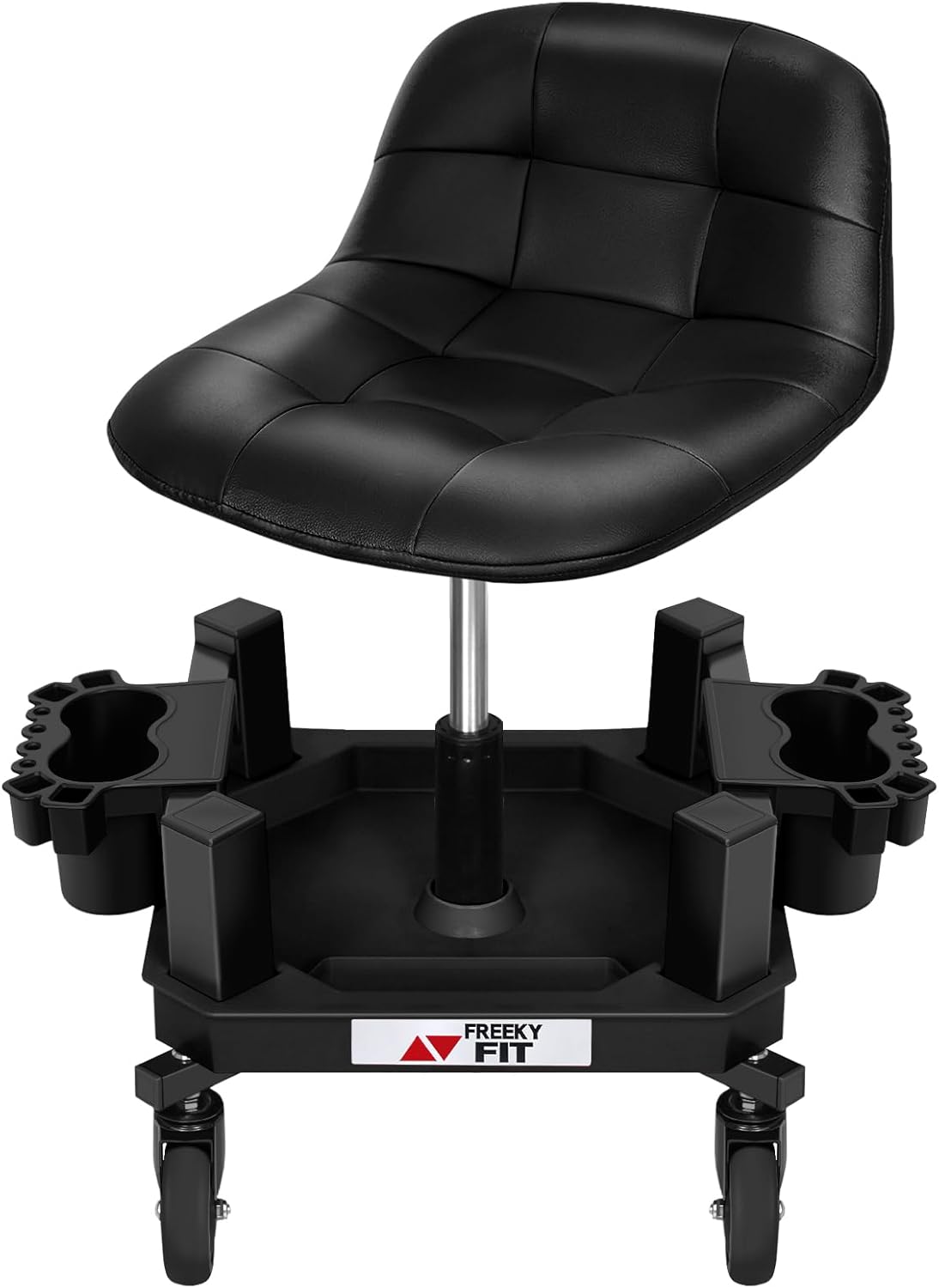 Rolling Stool with Wheels, Adjustable Shop Stool Mechanic Seat, Garage Shop Roller Work Chair, Mobile Rolling Seat with Tool Tray, 2 Cup Holders, 4" Casters, 350 LBS, Heavy-Duty, Black