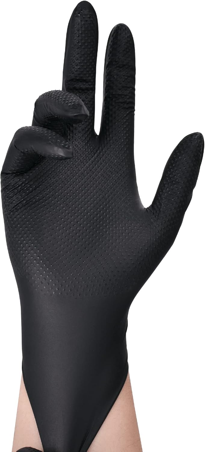 TitanFlex Thor Grip Heavy Duty Black Industrial Nitrile Gloves with Raised Diamond Texture, 8-mil, Latex Free