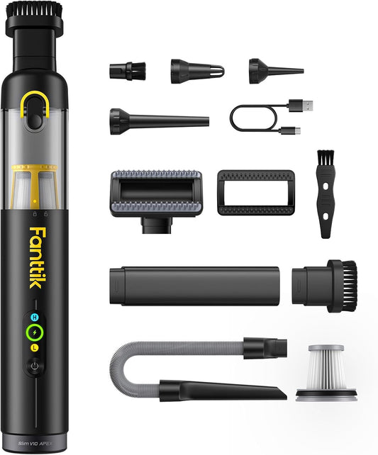 Fanttik Slim V10 APEX Cordless Car Vacuum, 4-in-1 Portable Mini Handheld Vacuum, 19000pa Suction Power, Upgraded Smart Digital Display, 2 Suction Modes for Car, Office Desk, Keyboards (Black)