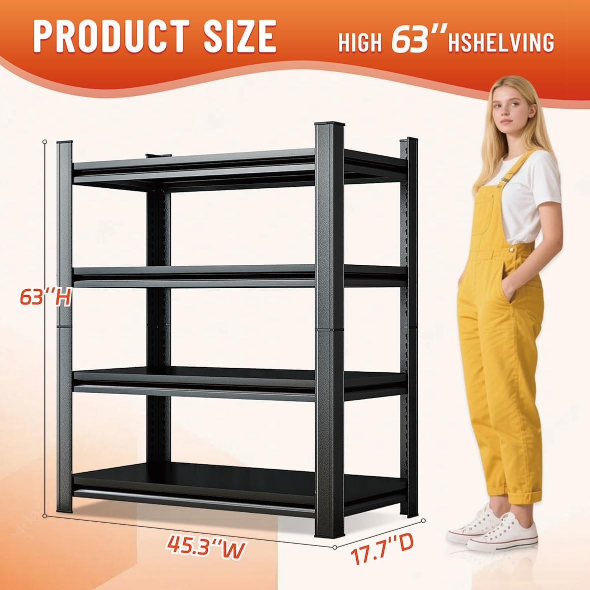 63''H Heavy Duty Metal Shelving Unit, 2000 lbs Total Capacity, Dual-Layer Column, Tool-Free Assembly, All-Steel Construction for Garage, Warehouse, Basement,45.3''W x 17.7''D x 63" H