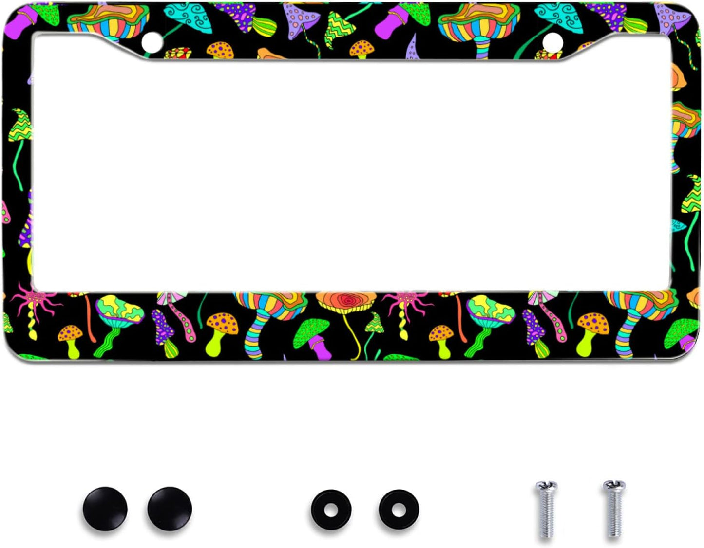Personalise Colorful Mushrooms License Plate Frames Funny License Plate Frame Car Universal Stainless Steel Accessories Cars Decor with 2 Holes and Screws Fits Standard US Vehicles Size 12.2 x 6 Inch