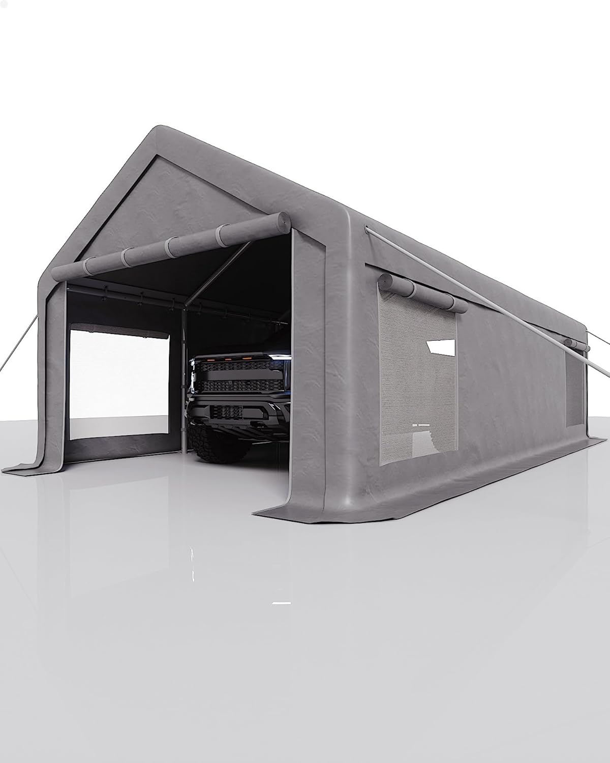 13x25 Ft Carport with 10 Sandbags, Car Port with 220g PE Tarp, 2 Roll-Up Doors, and 4 Windows, for Full-Size Pickups, Bass Boats, Tractors, and SUVs, Gray