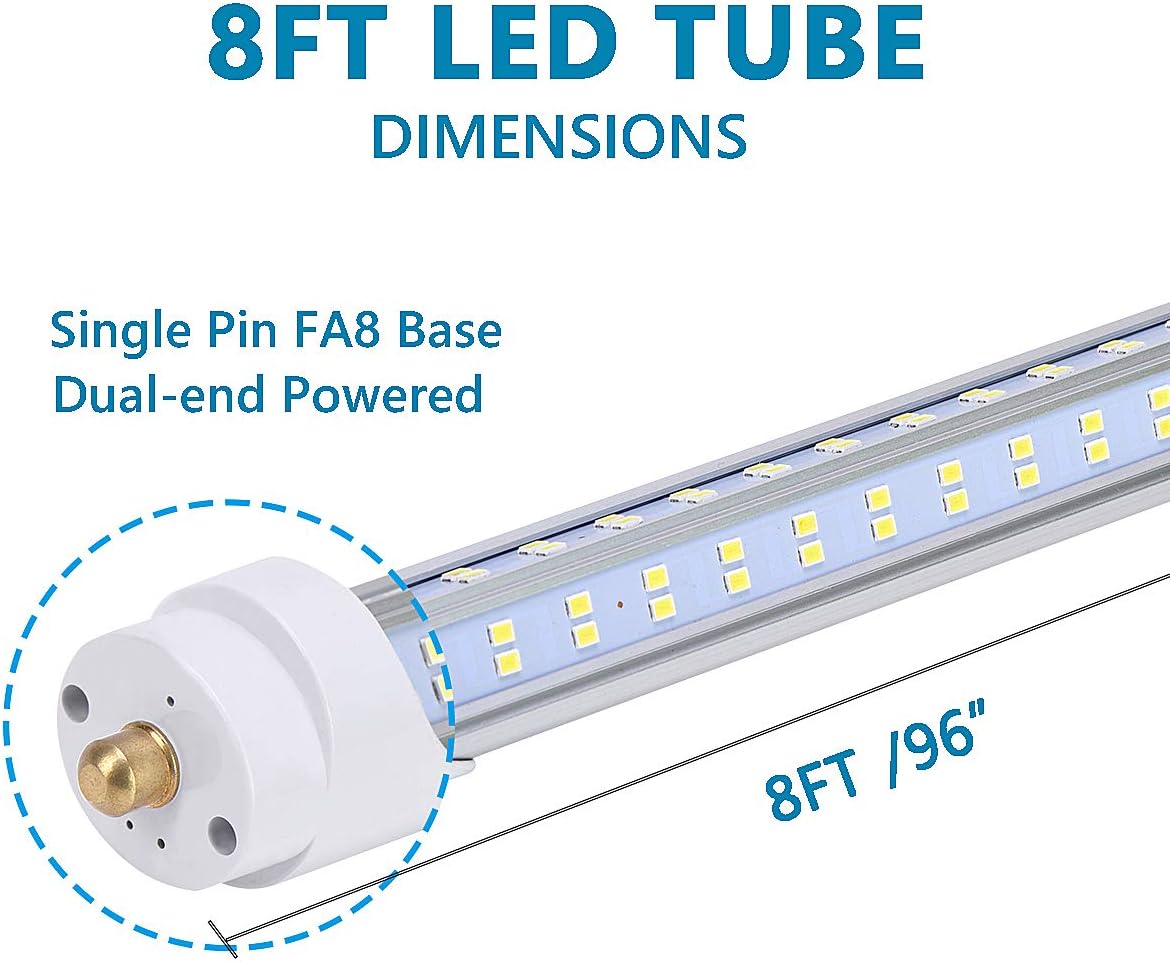 20 Pack, 8 Foot LED Bulbs, 150W 19000lm 6000K, Super Bright, T8 T10 T12 LED Tube Lights, 4 Rows V Shape, FA8 Single Pin LED Lights, Clear Cover, 8 Foot LED Bulbs to Replace Fluorescent Light Bulbs