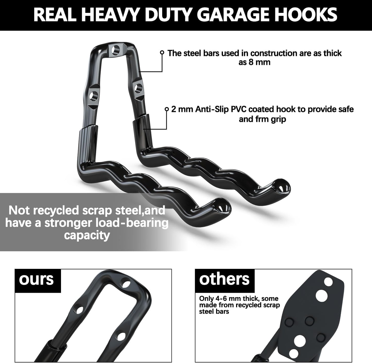 3-H Heavy Duty Garage Hooks 4 Pack, One-Piece Construction Garage Wall Hooks, Garage Hanger & Organizer Wall Mount for Ladders, Bikes, Chairs, WeedEaters, Shovels, Garden Tools (Black)