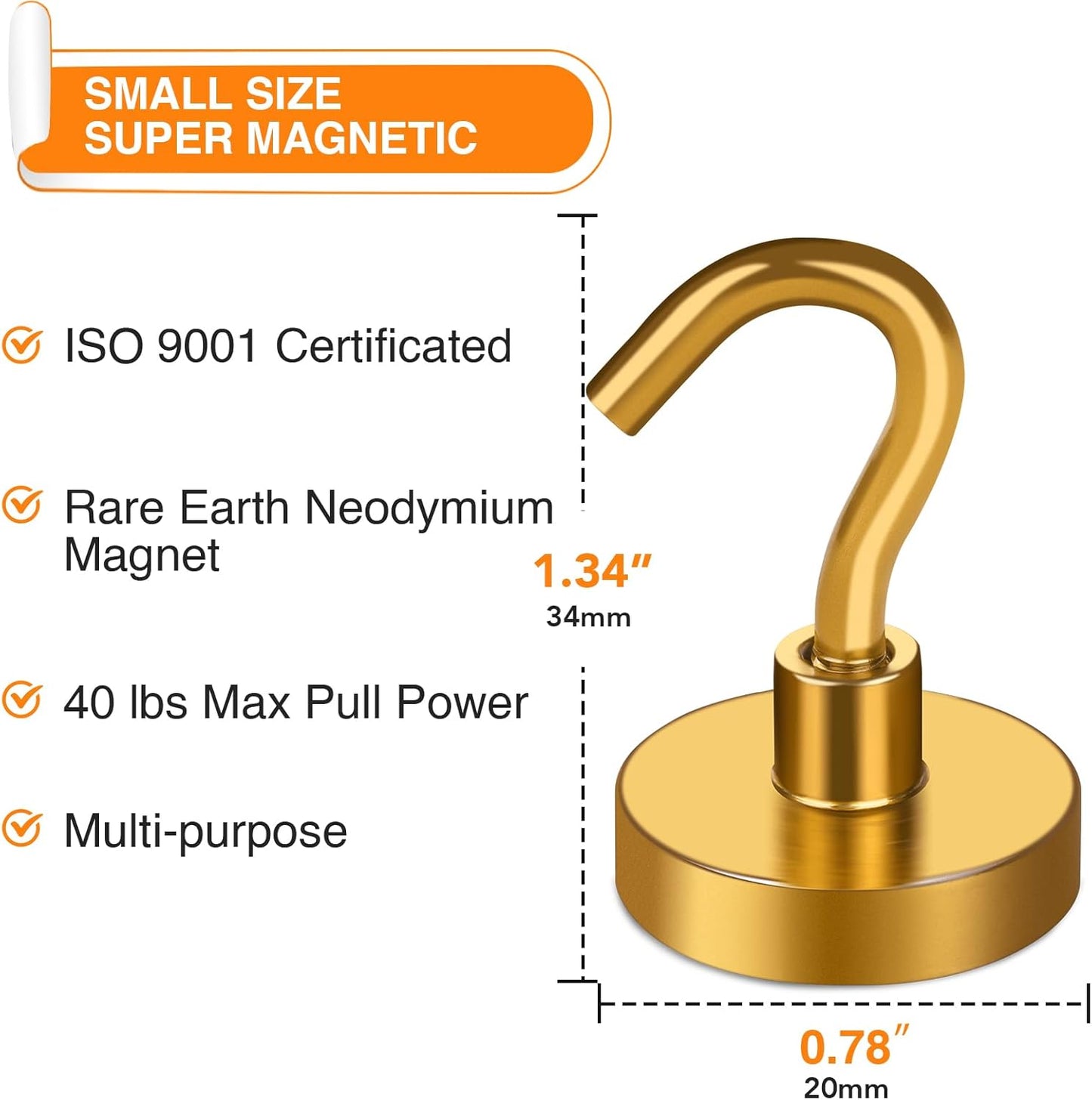 MIKEDE Magnetic Hooks Heavy Duty, 40 Lbs Magnet with Hooks for Cruise Cabins, Strong Magnets Neodymium for Hanging, Magnetic Wall Hooks for Refrigerator, Locker, Workplace(Yellow, 4 Pack)
