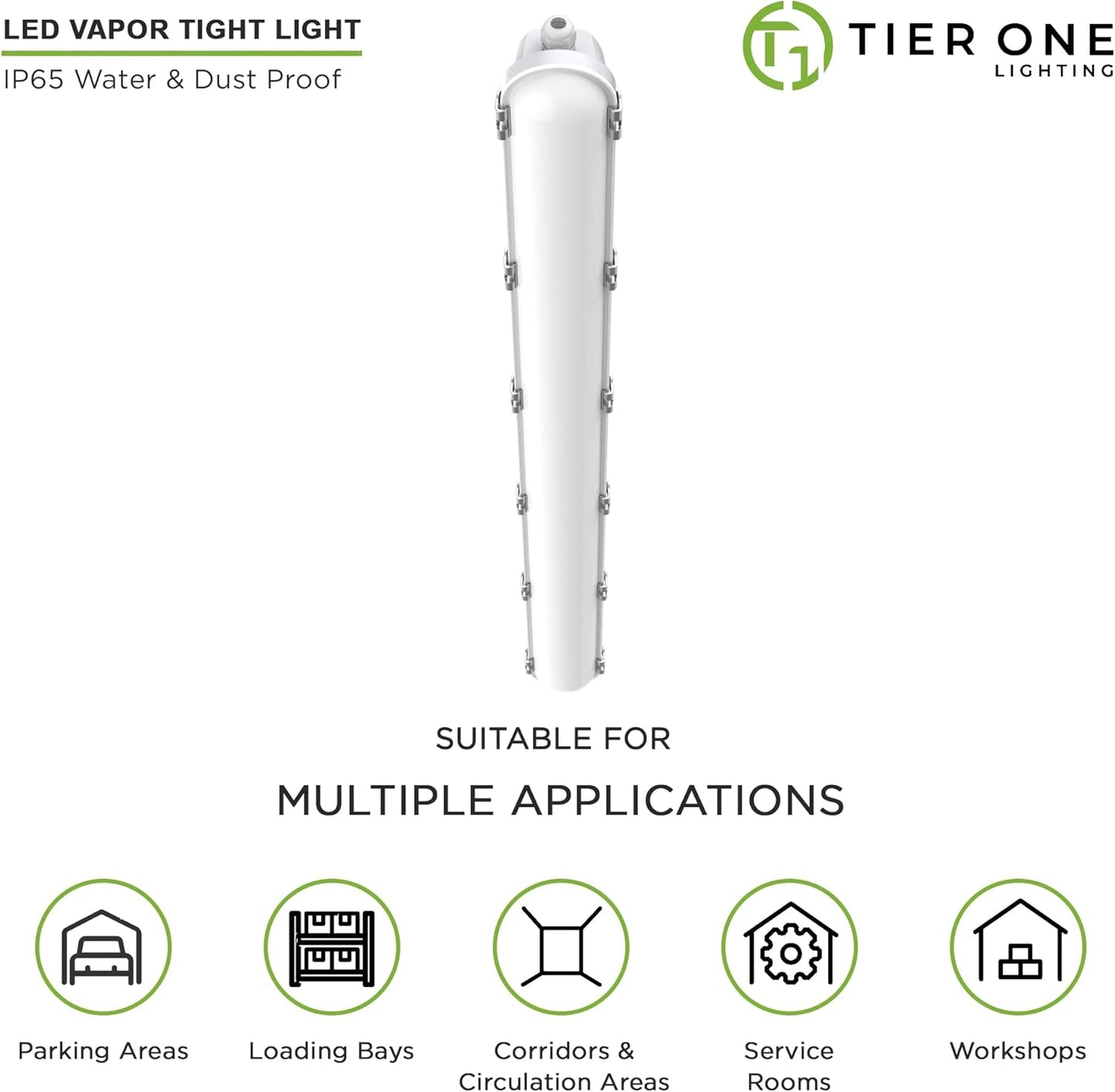 TIERONE 4ft LED Vapor Tight Light 50W Outdoor Shop Light IP65 Waterproof 0-10V Dimmable Integrated LED White Strip Lighting Fixture for Warehouses Car Washes 5000K 100-277V 6000LM ETL Listed 4 Pack