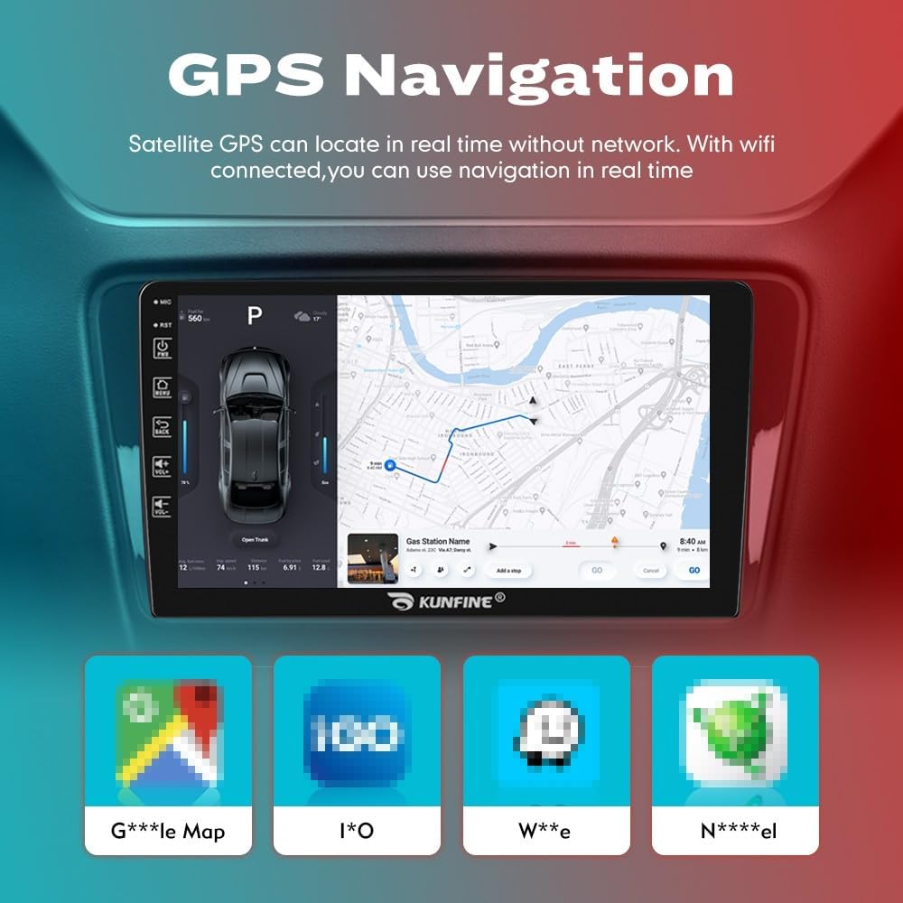Kunfine Car Android Navigation Stereo GPS Radio Reverse Camera Display 9" IPS Touchscreen Headunit Tablet Pad Media Player for Peugeot 301 2013-2022, if Applicable Quad Core 1G+16G Matte Black