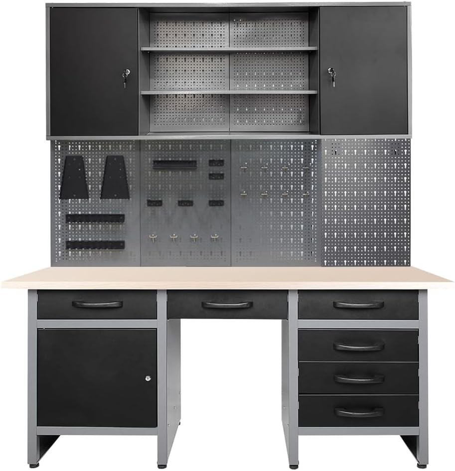 JZD Metal Storage Organization System, Wall Mount Tool Cabinet, Wood Tabletop, for Garage Workshop Utility Room