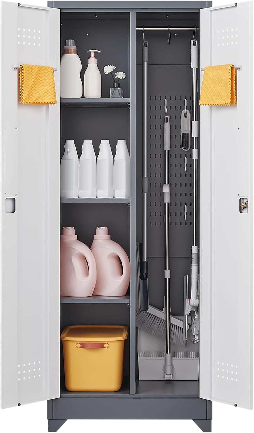 GREATMEET 65" Garage Storage Cabinet, Broom Closet Storage Cabinet, Metal Cabinets with Doors and Shelves, Utility Closet for Brooms and Mops, Utility Cabinets for Storage, Grey&White