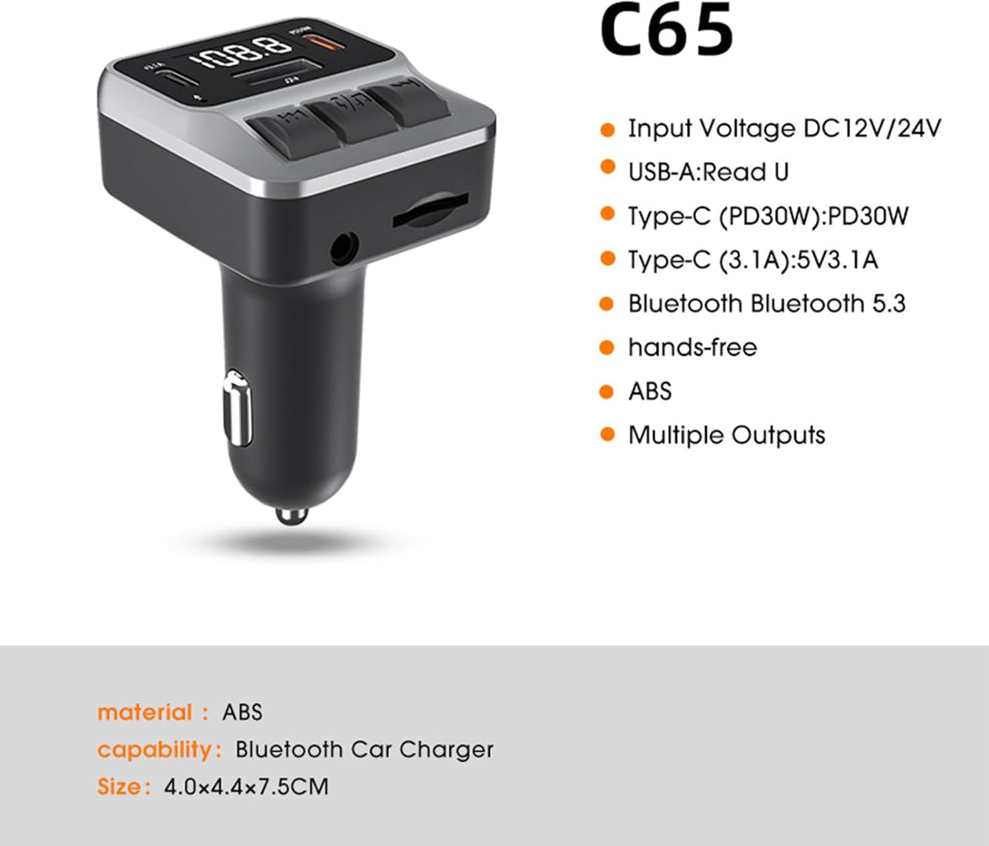 Car Bluetooth 5.3 FM Transmitter，with Dual PD 30W Type-C Car Fast Charging and Support USB Port Bluetooth Adapter, Hands-Free Calling，Support AUX, TF Card，U Disk(C65)