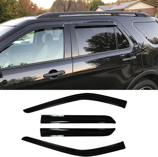 94293 Side Window Wind Vent Deflector, 4pcs Out-Channel Tape-On Dark Smoke Rain Guards Set, Window Visor fit for 2011-2019 Ford Explorer