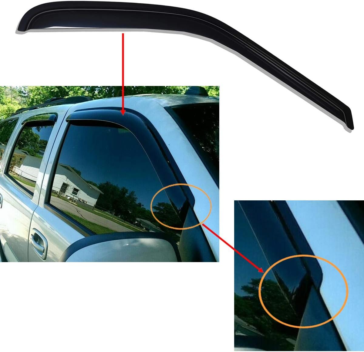 Lightronic Extra Durable Tape-on Auto Vent Window Visor, Fit 2000-2006 Chevrolet Tahoe & GMC Yukon, 2001-2006 Yukon Denali, 2002-2006 Cadillac Escalade, Original Wind Deflector Rain Guard, Smoke, 4Pcs