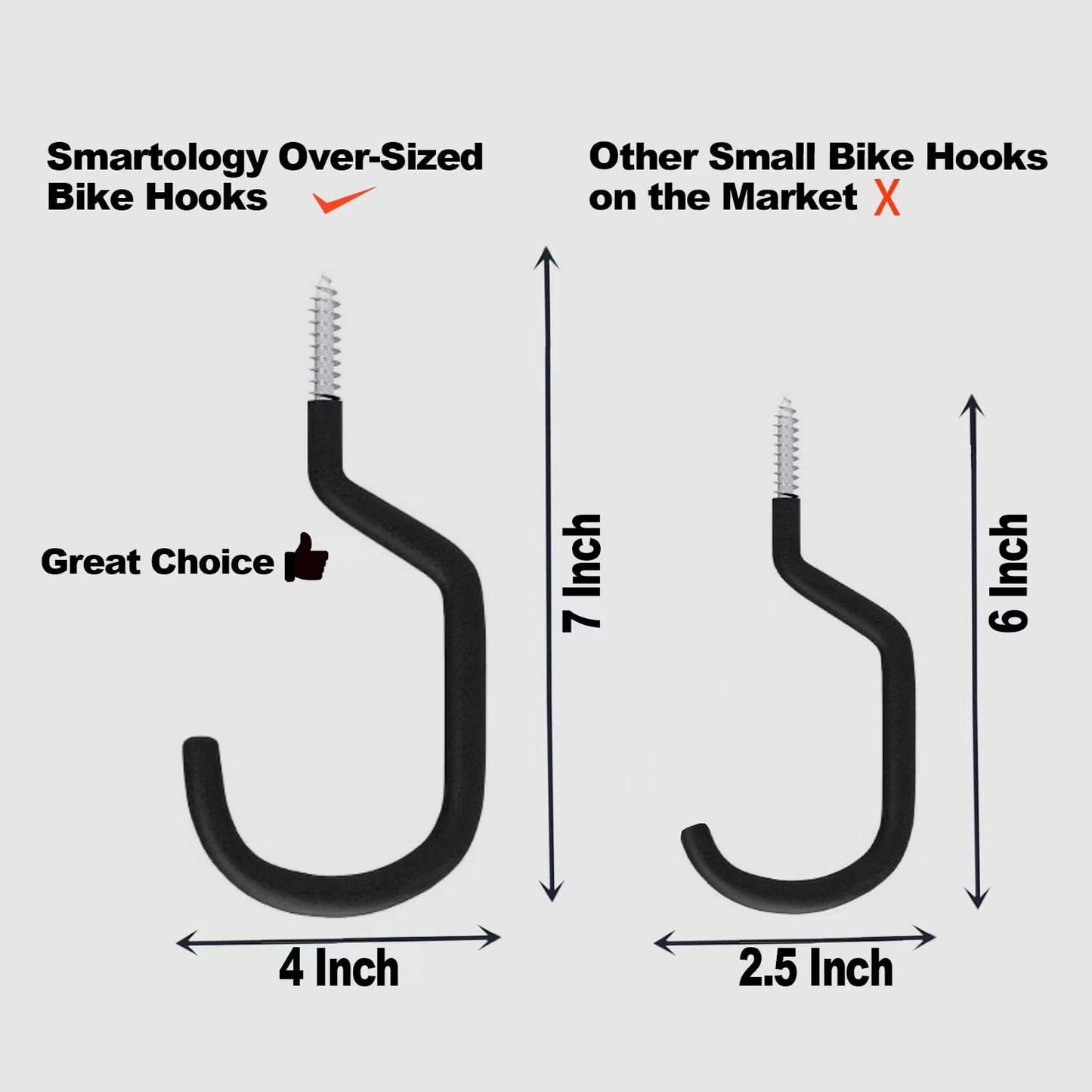 SMARTOLOGY Extra-Large Bike Hook, Bicycle Storage Hanger, Rubber Coated Heavy Duty Screw-in Ceiling Hooks for Tools, Garage Wall Organizer, 4 Pack, Fits All Bike Types, Vertical Bike Racks & Stands
