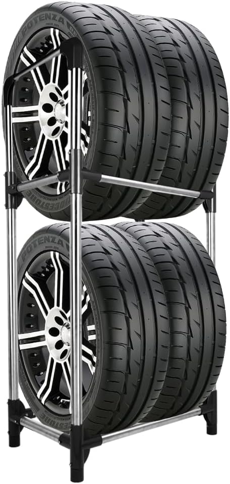 Hershii Tire Storage Rack Standing Garage Storage Shelf Organizer for Indoor Outdoor Use - Black + Silver, 22.51'' X 14.16'' X 45.11''
