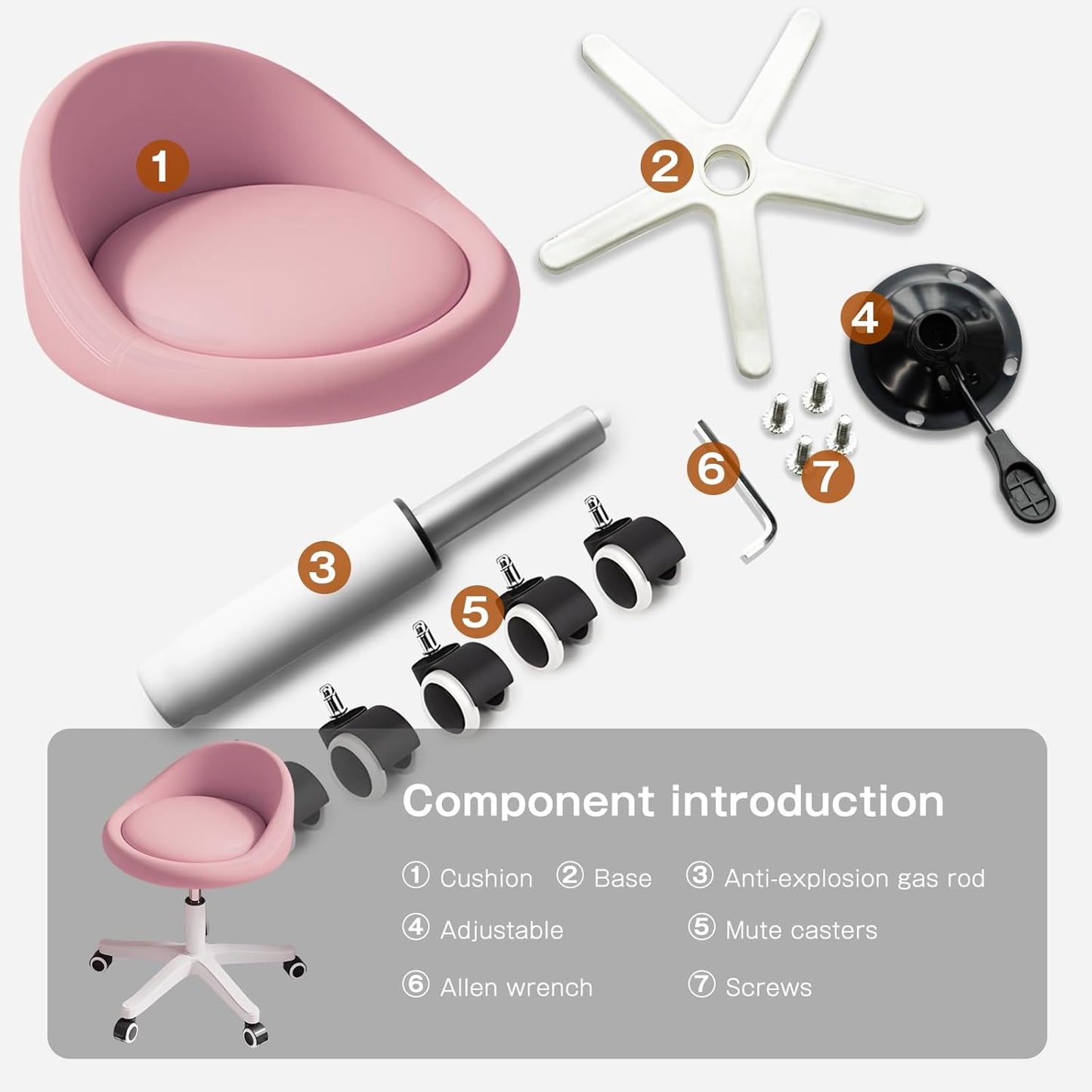 Rolling Stool Rolling Hydraulic Salon Stool with Low Backrest - Adjustable Swivel Chair for SPA, Shop, Salon, Massage, or Medical Office Pink