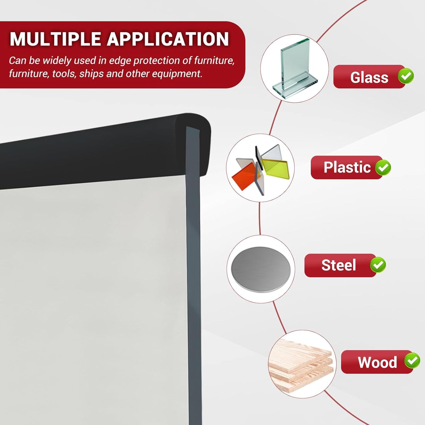 Rubber Edge Trim, 3/16" Self Adhesive Flexible U Channel Edge Protecter for Glass, Flexiglass and Plywood, Fit for 5/32"-7/32" Width Edge, Black Color, 20Ft, EPDM Material