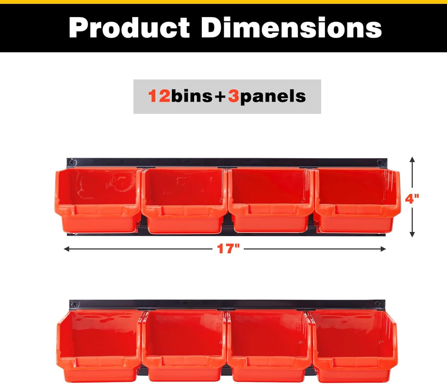 Ultrawall Wall Mounted Storage Bins, Plastic Hanging Storage Organizer Bins, Garage Tool Storage System for Screws, Nuts, Bolts, Nails, and Small Hardware Parts, 12x bins & 3 x rails, Orange