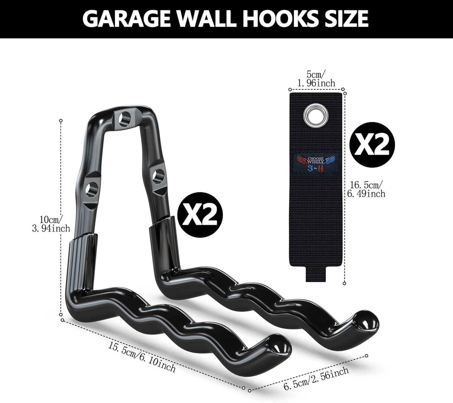3-H Heavy Duty Garage Hooks 4 Pack, One-Piece Construction Garage Wall Hooks, Garage Hanger & Organizer Wall Mount for Ladders, Bikes, Chairs, WeedEaters, Shovels, Garden Tools (Black)