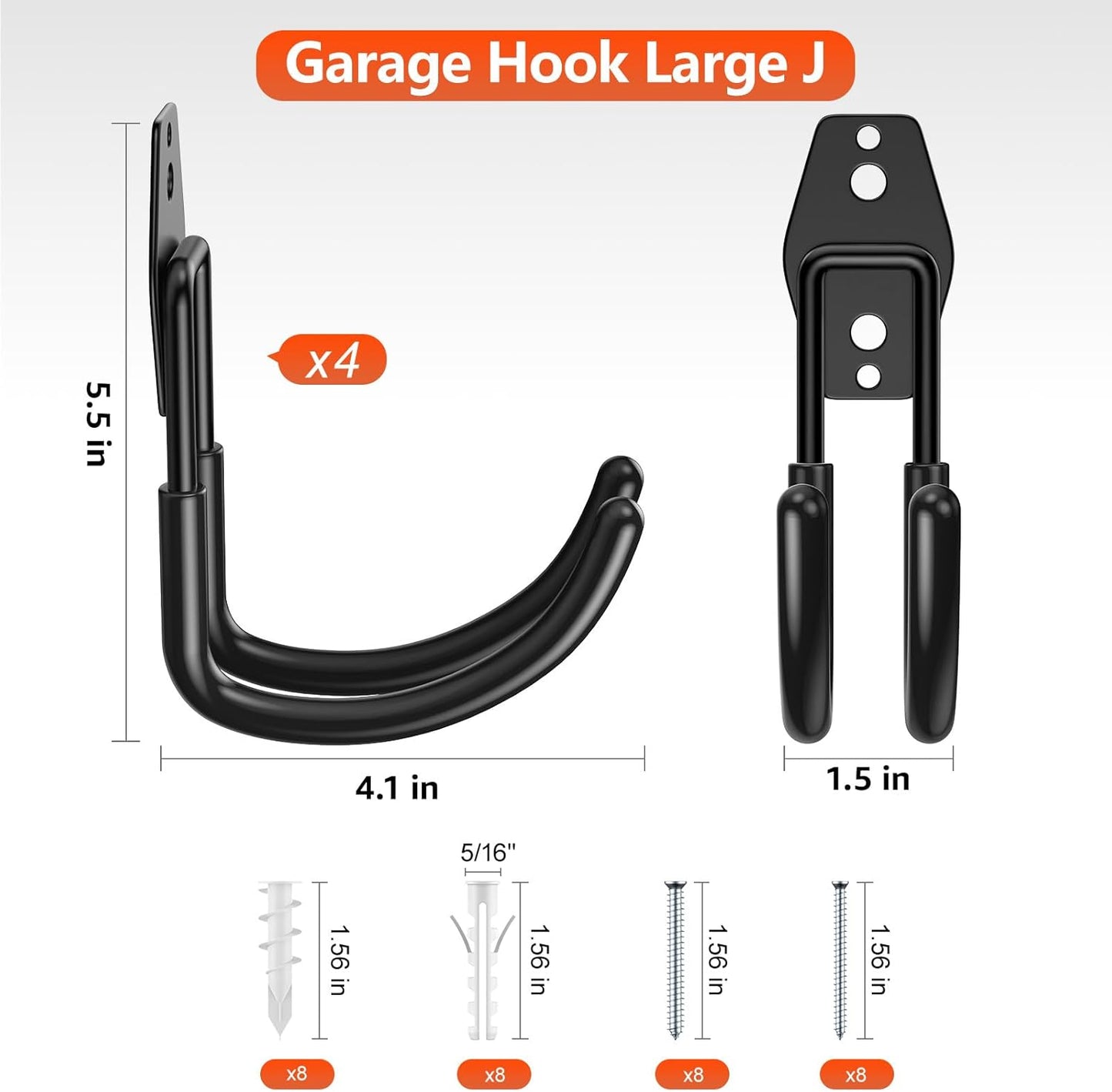 4 Pack 5.5x4.1 Inch Utility Steel Wall Mount Heavy Duty Garage Hooks with Anti-Slip Coating,Storage More Yard,Garden and Power Tools and for Hanging Hose,Ladder and Bike