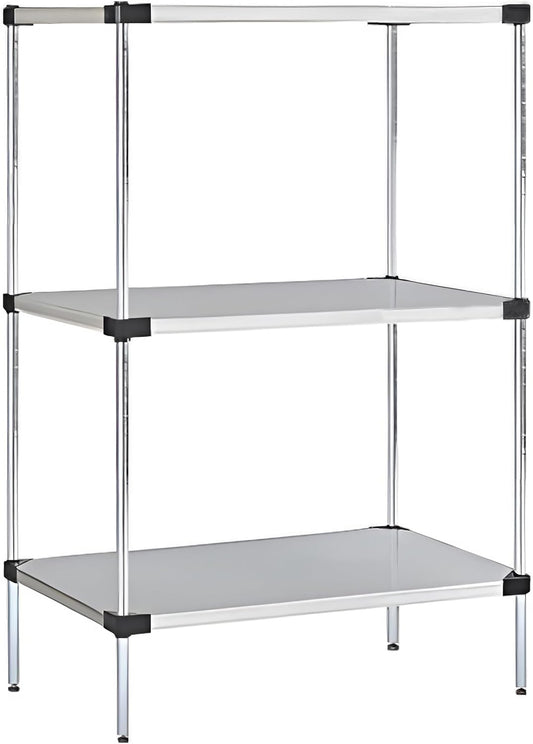 Omega Solid Stainless Steel Shelves, 18" Deep x 24" Wide x 34" High 3 Tier Heavy Duty Solid Shelving Unit for Kitchen Garage Office Restaurant Warehouse 800-lb Per Shelf Weight Capacity