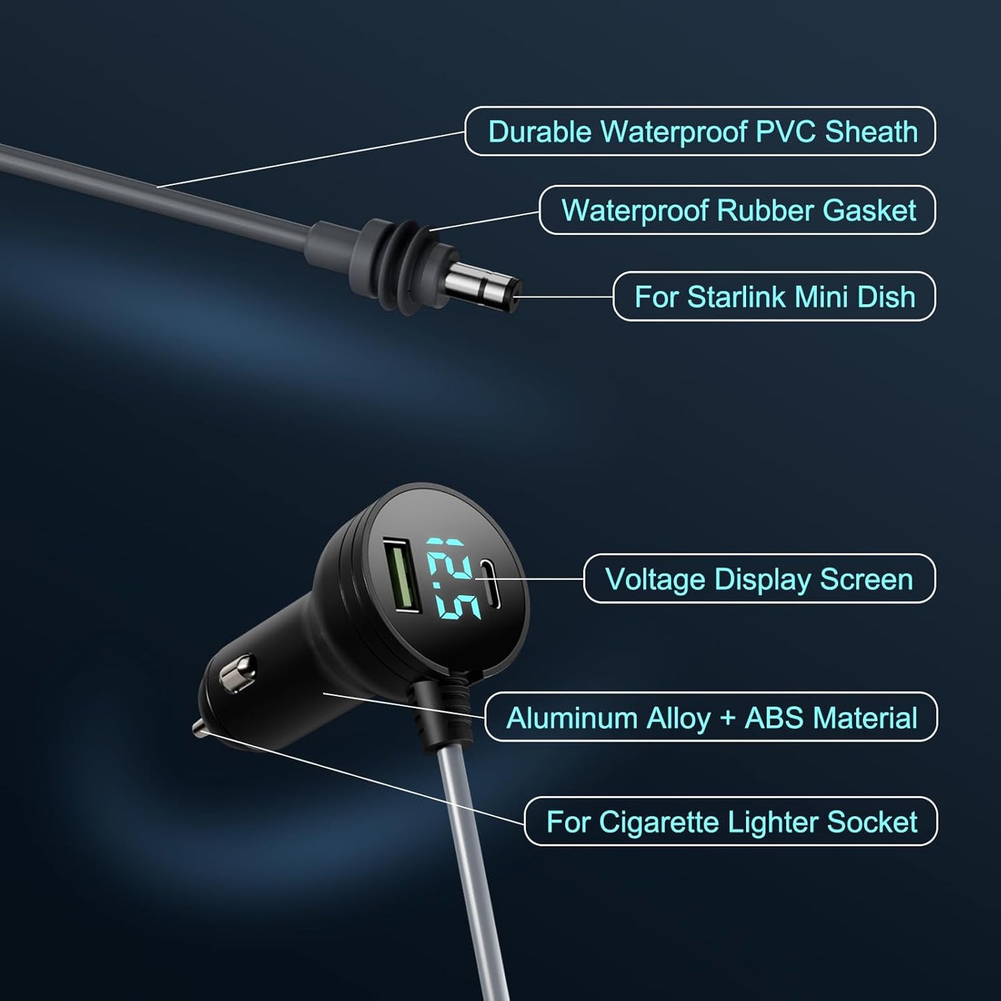 Starlink Mini Car Adapter 3M/10FT, Starlink Cable Car Charger 12V-24V, Starlink Mini Cigarette Lighter Adapter with Digital Display, Built-in Protections Starlink Accessories