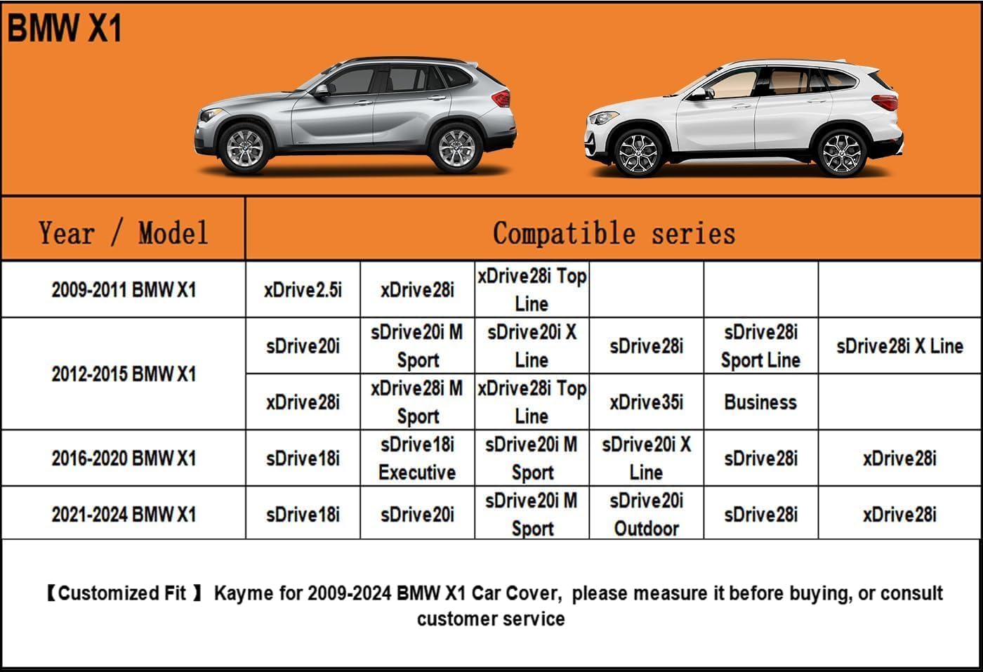 Kayme 6 Layers SUV Car Cover Custom Fit for BMW X1 (2009-2025) Waterproof All Weather for Automobiles, Outdoor Full Cover Rain Sun UV Protection.Silver