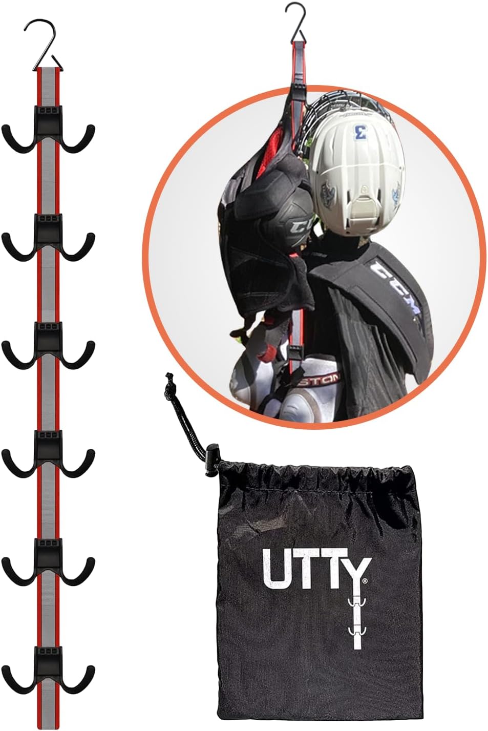UTTY Hanging Multipurpose Portable Hockey Drying Rack - Durable Gear Keeper & Sports Equipment Organizer - 6 Durable Adjustable Hooks Support Light to Heavy Weight for Home, Travel & Outdoor Use