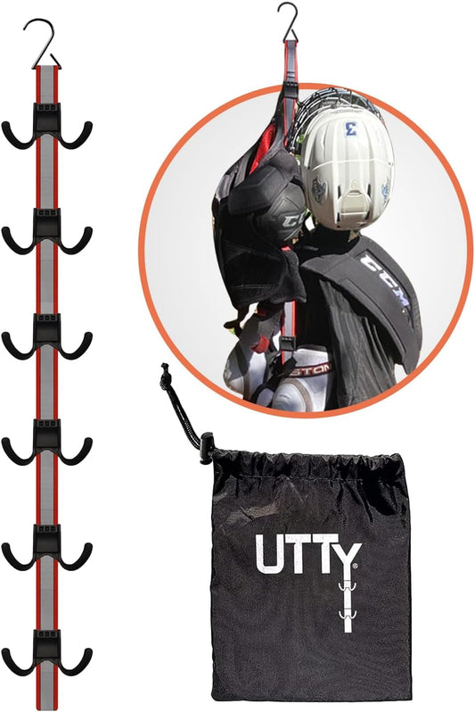 UTTY Hanging Multipurpose Portable Hockey Drying Rack - Durable Gear Keeper & Sports Equipment Organizer - 6 Durable Adjustable Hooks Support Light to Heavy Weight for Home, Travel & Outdoor Use