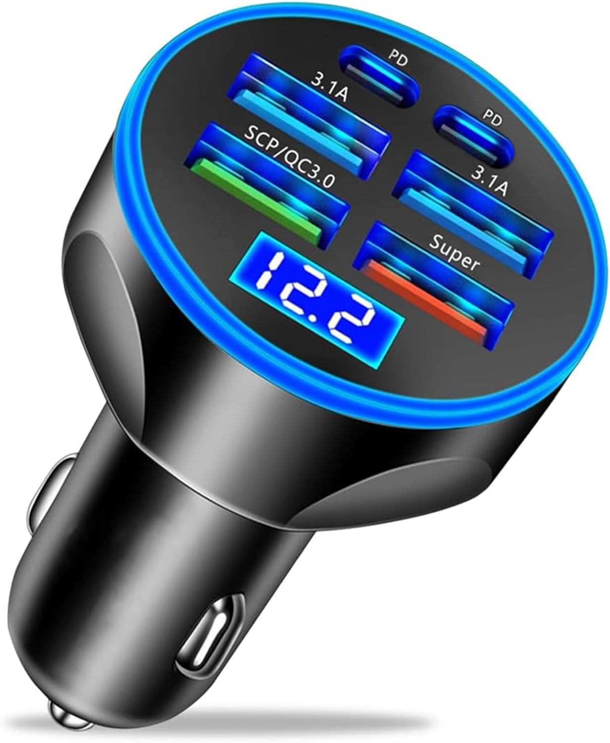 Super Fast Charge USB C Car Phone Charger Adapter 6 in 1 with Voltage Display 250W Multi Port Cigarette Lighter USB Charge for iPhone 16 15 14 13 12 11 Samsung Galaxy Huawei Oneplus Oppo Vivo