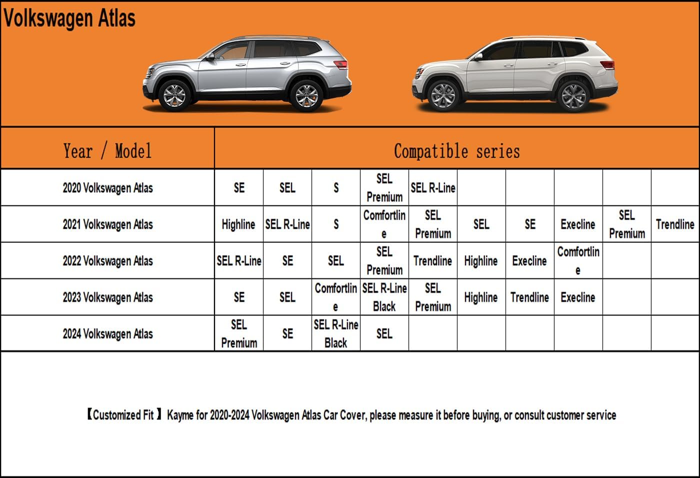 Kayme 6 Layers SUV Car Cover Custom Fit for VW Volkswagen Atlas (2017-2025) Waterproof All Weather for Automobiles, Outdoor Full Cover Rain Sun UV Protection.Silver