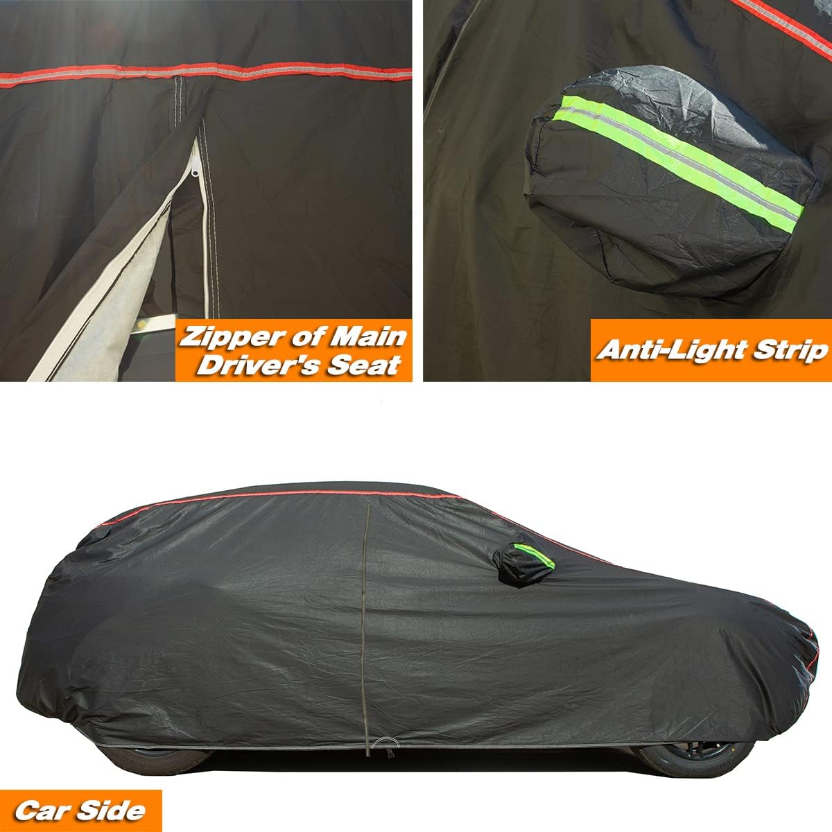 AUQDD 6-Layers PEVA New Material Sedan SUV Full Padded Car Cover Waterproof All Weather Weatherproof UV Sun Protection Snow Dust Storm Resistant Outdoor Exterior Custom Form-Fit Straps 197"-208"Black