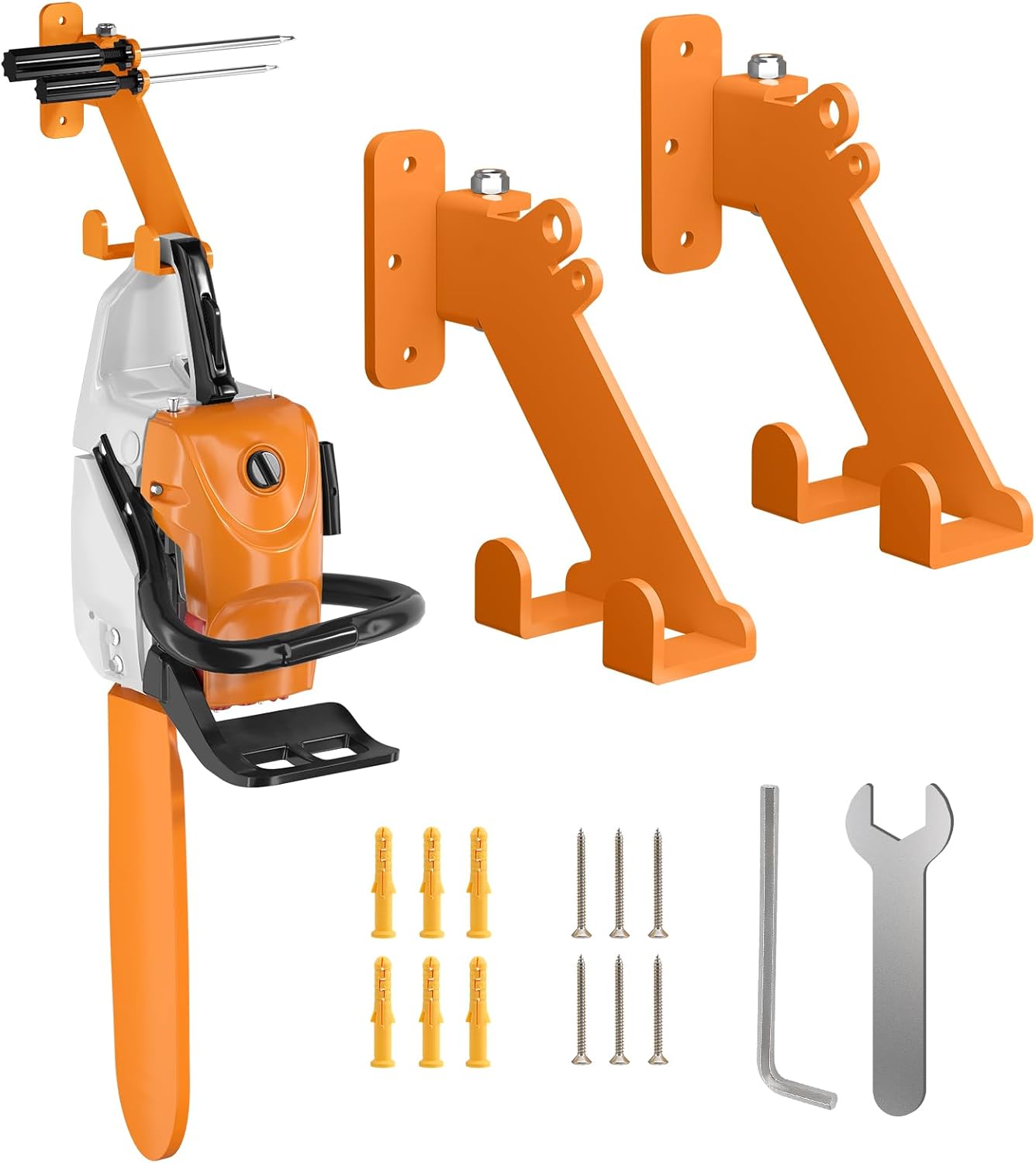 Chainsaw Hanger, 3-in-1 Chainsaw Wall Mount Adjustable Screws for Variety Wall Corner, Garage Organization Garage Storage Shed Organizer Mounted Universal Fit for stihl, Husqvarna, Echo Saws, 2 Pack