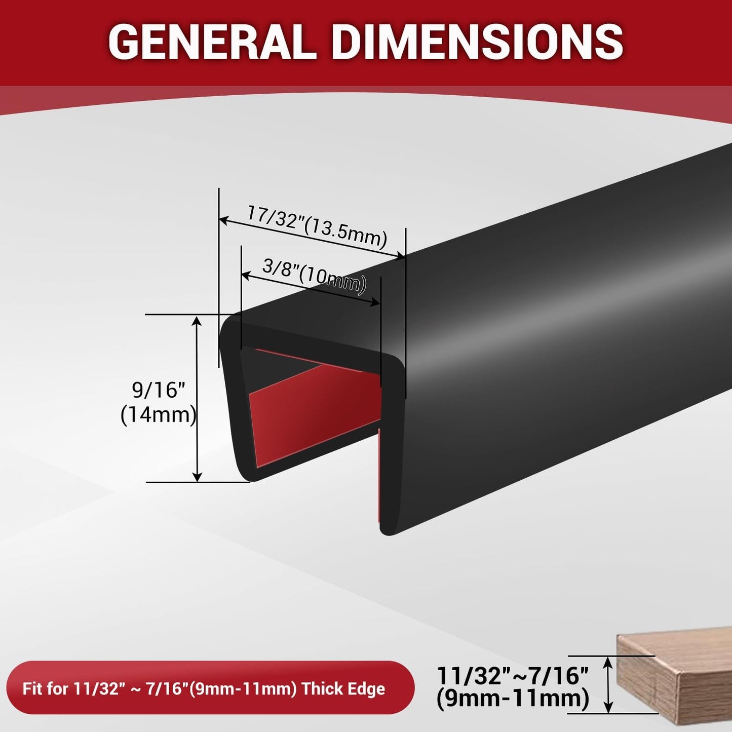 Rubber Edge Trim, 3/8" Self Adhesive Flexible U Channel Edge Protecter for Plywood, Tables, Desks, Cabinets, Counter Top, Wide U Shaped Edge Trim, Edge Banding, Black Color, 20Ft