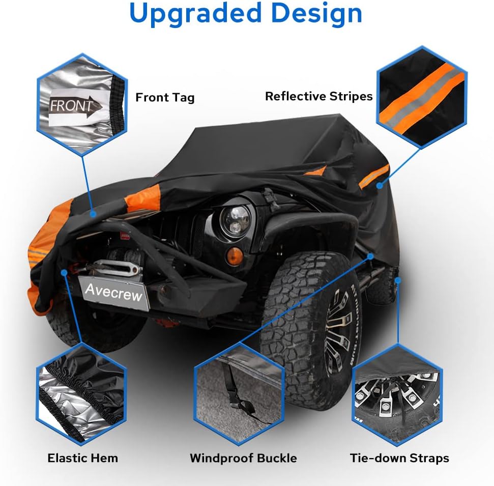 Avecrew for Jeep Wrangler Cover Waterproof 2 Door, All Weather for Jeep Rain Cover for Automobiles, Outdoor Full Exterior for Jeep Covers Fits JK JL TJ YJ CJ