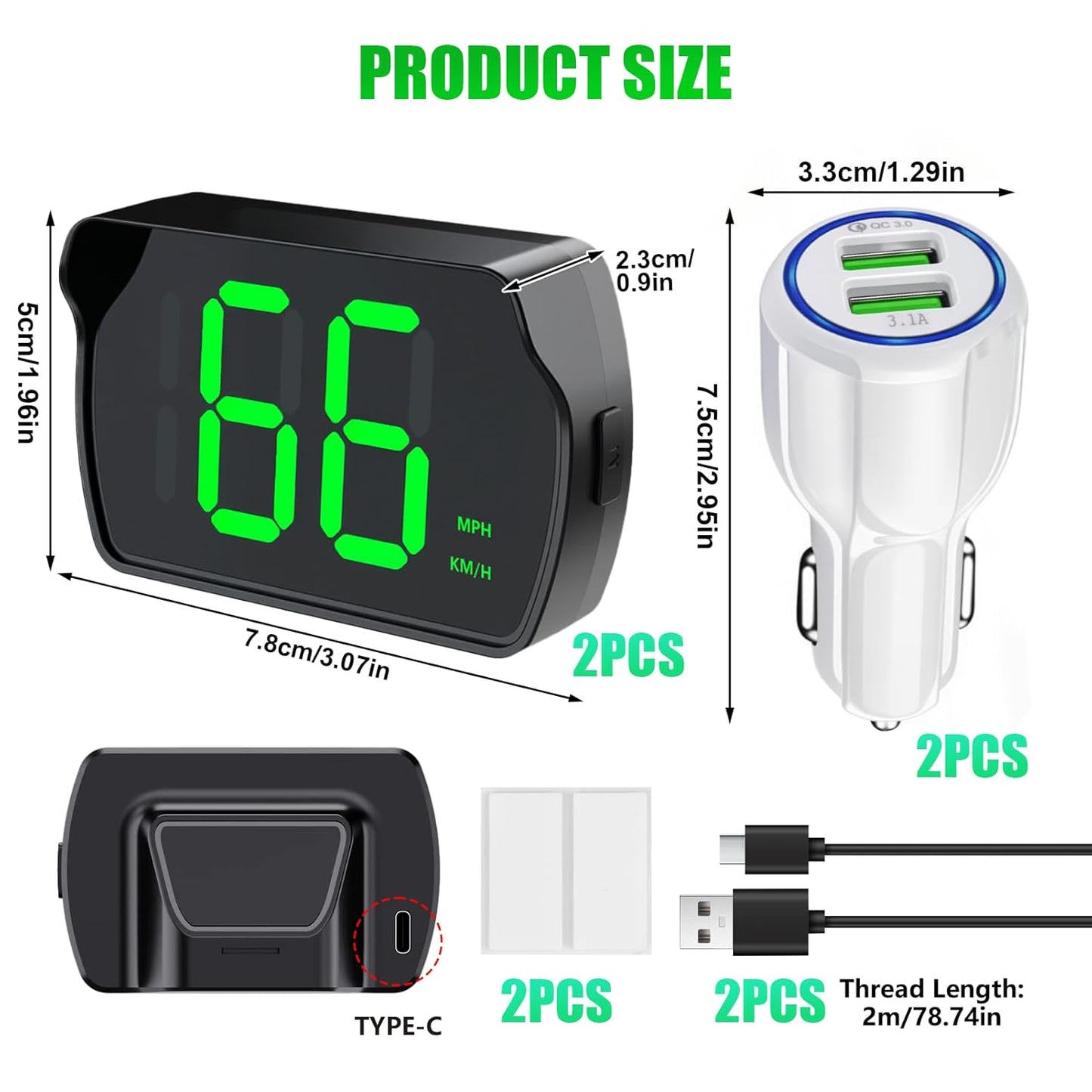 GPS Digital Speedometer for Car MPH, Universal HUD Speed Meter with LED Large Font, Plug Play for Car Truck Motor SUV Golf Cart All Vehicles (2 Pack Digital Speedometer with Charger)