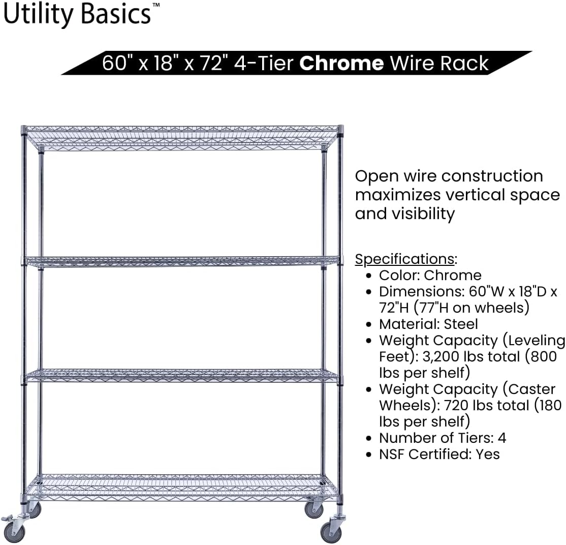 60"x18"x72" Chrome Premium Metal Steel Wire Shelving 4-Tier NSF 3200 LBS MAX Capacity Heavy Duty Storage Rack for Garages, Commercial Spaces, Hospitals, & Schools w/Premium Wheels