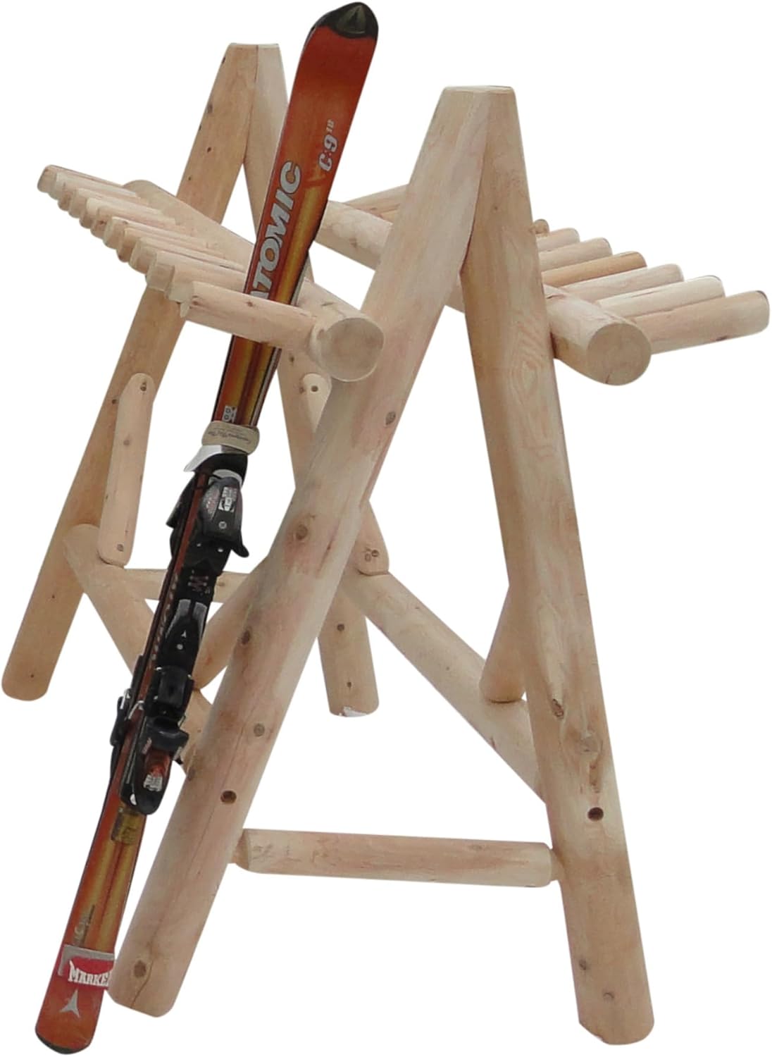 13-Place Freestanding Log Ski Rack Holder, Indoor & Outdoor Snowboard Racks, Standing Storage, Garage Racks for Snow Skis & Poles, Snowboard Rack Garage Storage Organizer - Natural + 15" Anchor Kit