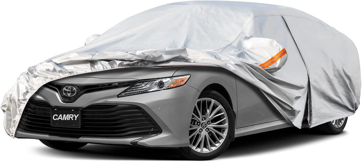 Kayme 6 Layers Car Cover Custom Fit for Toyota Camry Sedan/Solara (1996-2025) Waterproof All Weather for Automobiles, Outdoor Full Cover Rain Sun UV Protection with Zipper Cotton/Silver