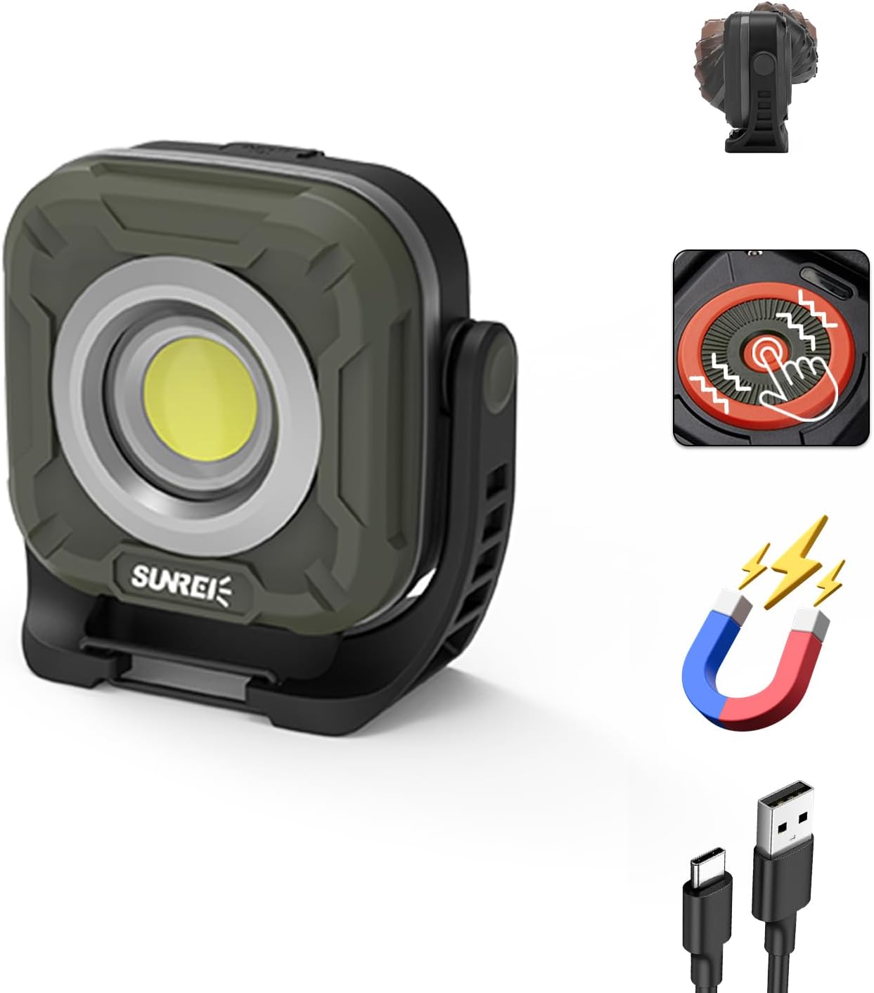 SUNREI 1300LM LED Magnetic Work Light with Stepless Dimming, 7800mAh COB Mechanic Flashlight, IPX65 Recharge Floodlight with Hook, 300° Rotate Job Site Lighting for Car Repairing, Camping, Working