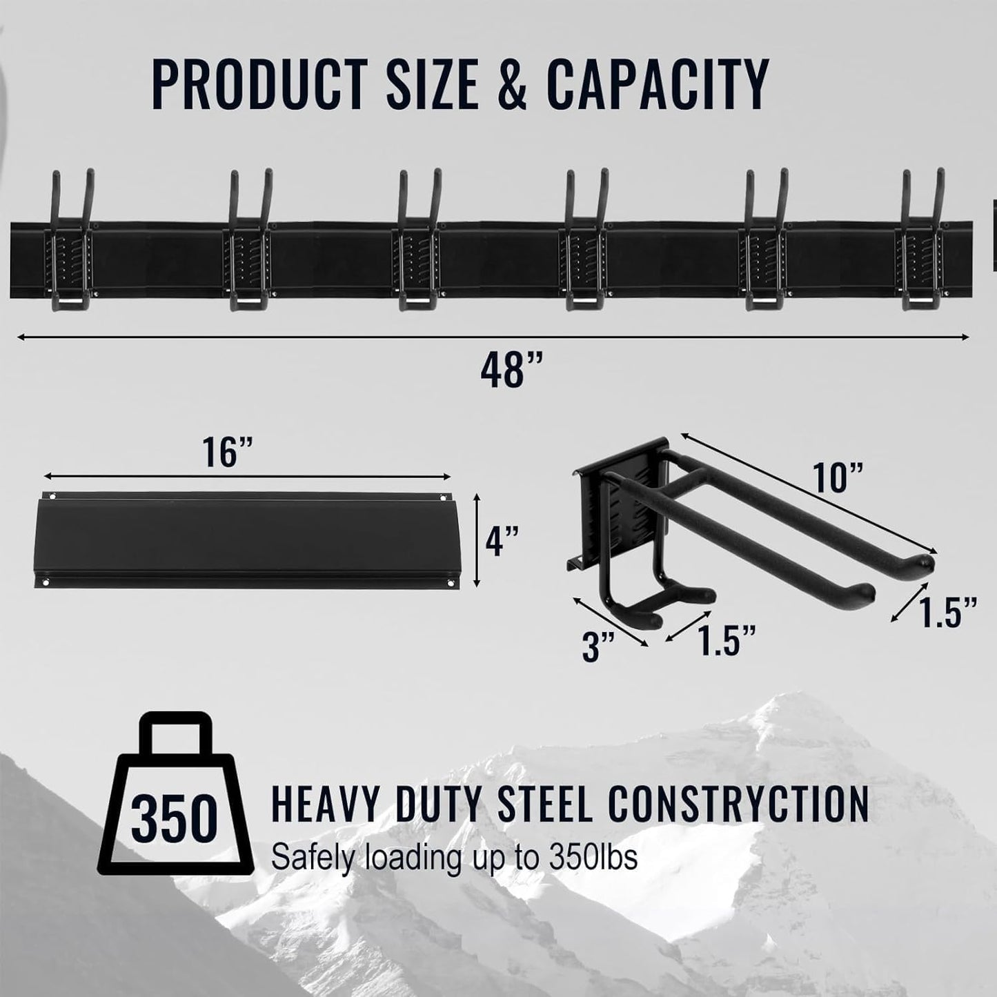 Wall Mount Tool Storage Rack, Heavy Duty Garage Storage Tool Organizer, Garden Tool Wall Hooks and Hangers, Hold Up to 350lbs Black 2Pack, AK806-Black-2Pack