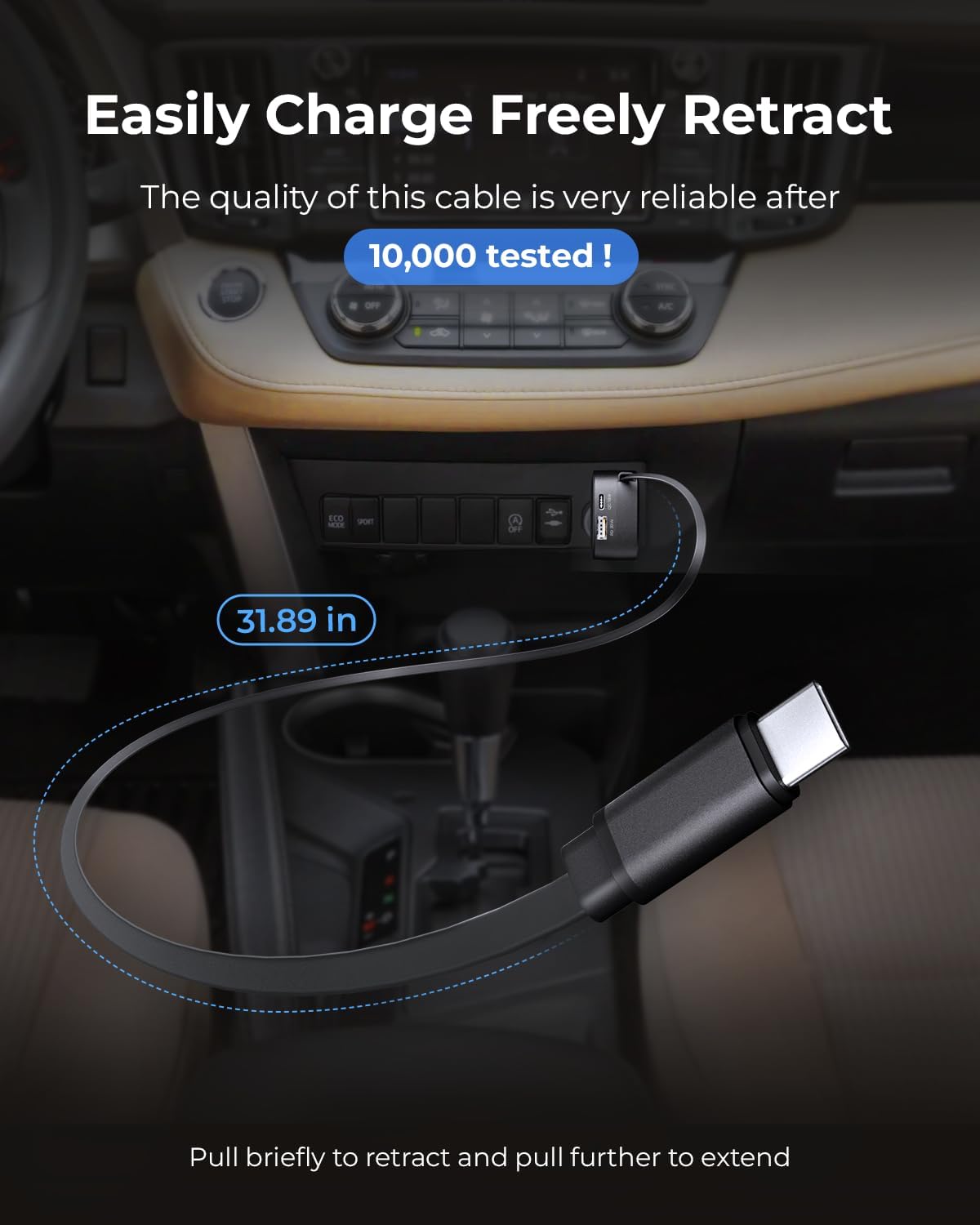 84W Max Retractable Fast Car Charger - USB C Cigarette Lighter Adapter Ultra-Compact Type-C Fast Car Charger with Built-in Retractable Cable