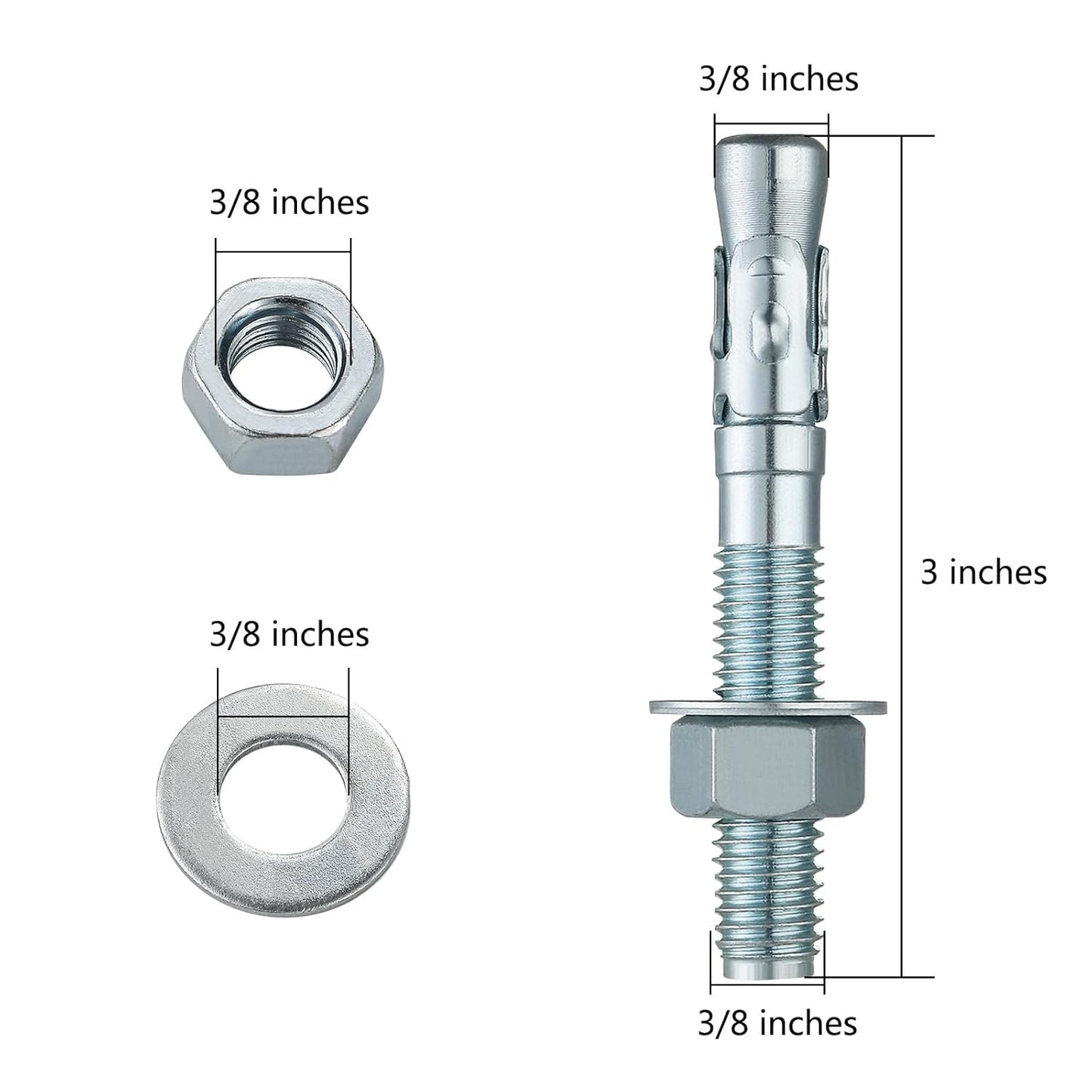 3/8x3" 30Pcs Inch Standard Fasteners for Heavy-Duty Zinc Wedge Anchors for Cement and Concrete