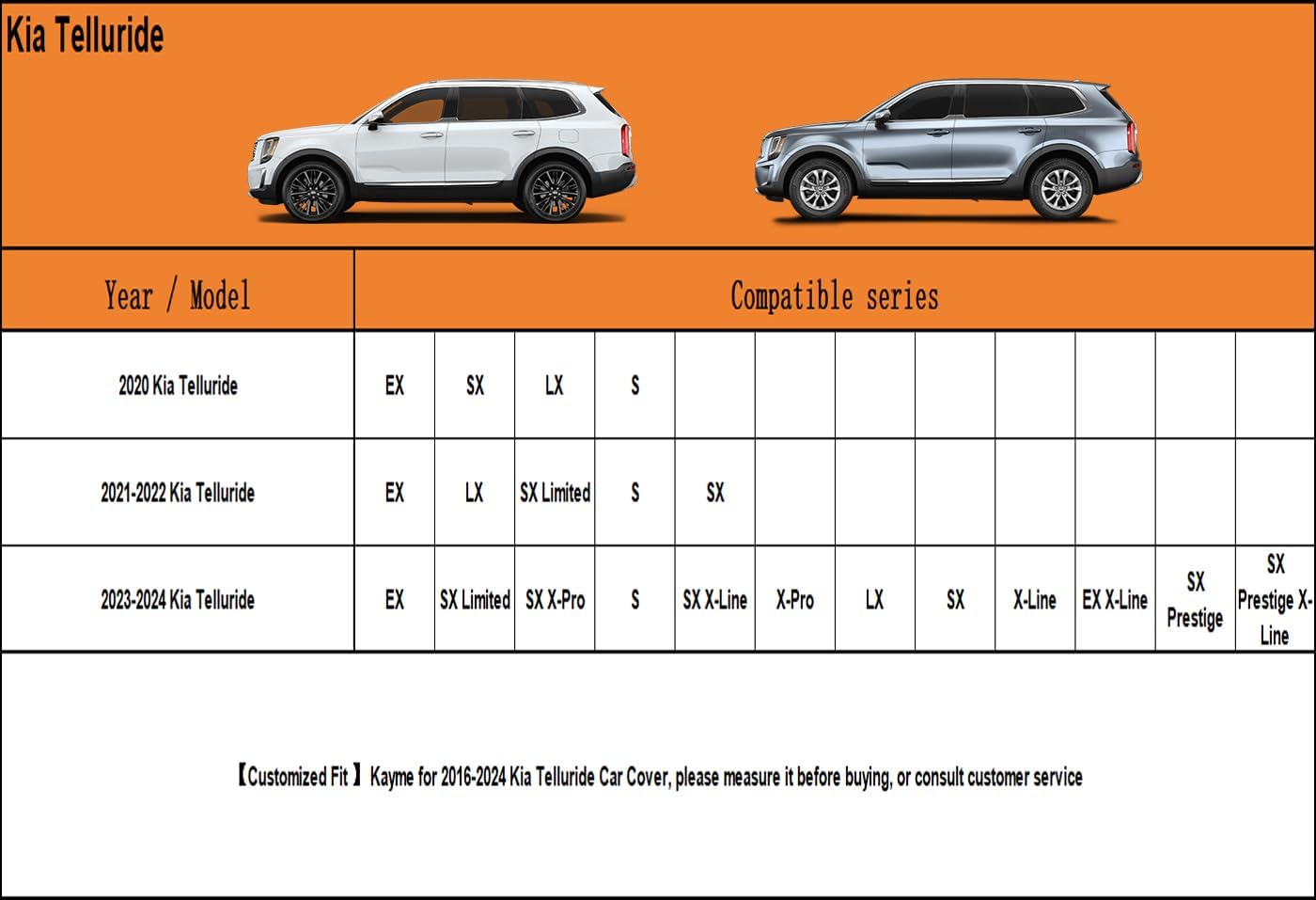 Kayme 6 Layers SUV Car Cover Custom Fit for Kia Telluride (2016-2025) Waterproof All Weather for Automobiles, Outdoor Full Cover Rain Sun UV Protection.Silver