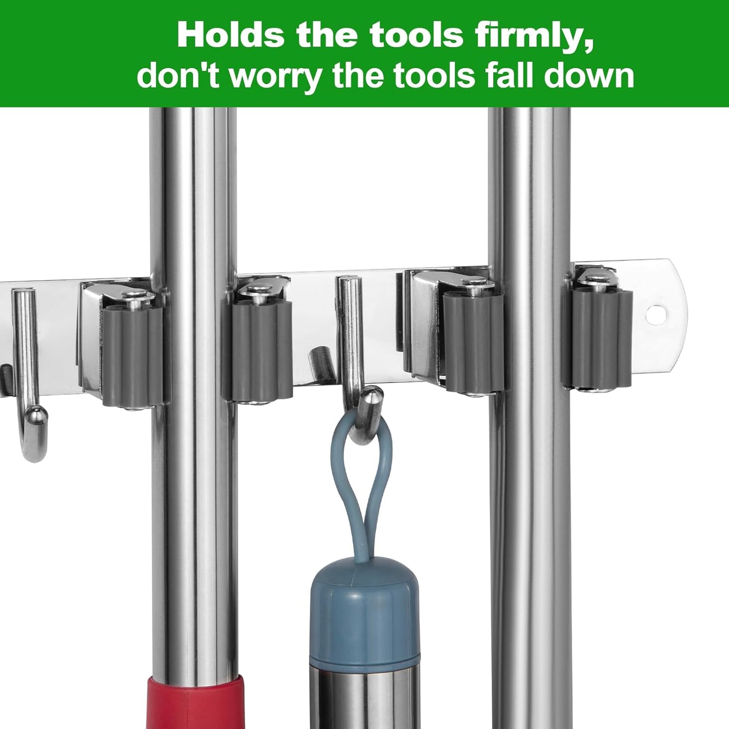 voze [2 Pack] 5 Racks and 4 Hooks Mop and Broom Holder Wall Mount, Self Adhesive Heavy Duty Broom Organizer Storage Tool Racks for Kitchen Garden Laundry Garage, Silver