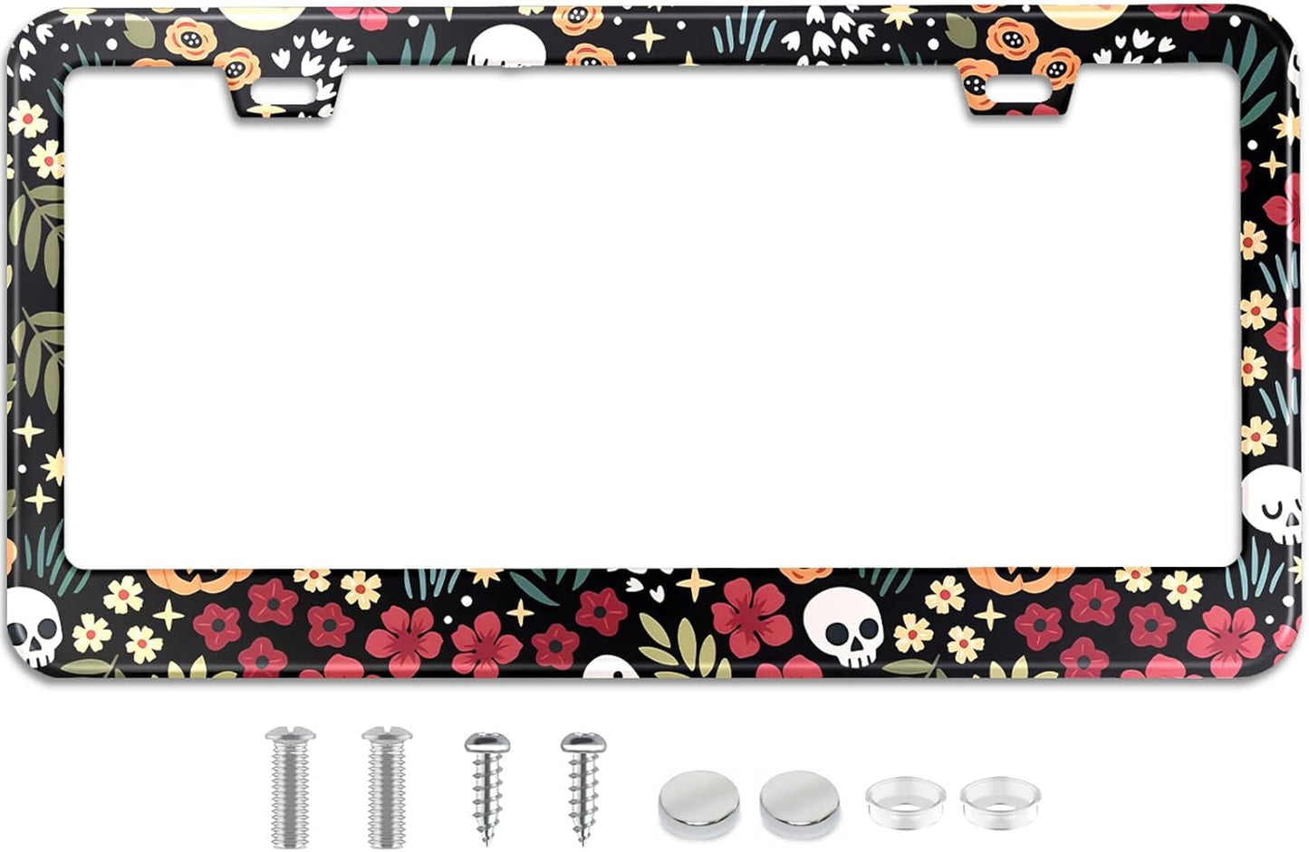 Halloween Ghost Skull Floral License Plate Frame Colorful Flowers Stainless Steel Steel License Plate Holder Auto Parts Decoration with Screws License Plate Holder 12x6 Inch Car Accessories