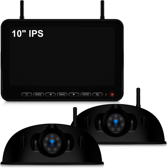 Fookoo 1080P 10" Wireless RV Backup Camera System for Furrion Pre-Wired RV Truck Trailer, 10" HD IPS Monitor & 2 Rear View Cameras, Dual Split Screen IR Night Vision Recording Waterproof - D10Y2